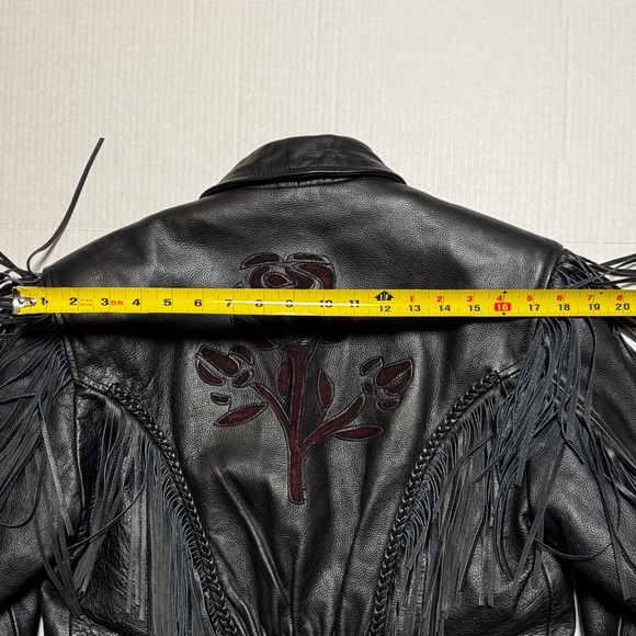 Rose Suede Inlay Black Leather Fringe Braided Moto Biker Jacket High Quality M/L - Picture 16 of 16